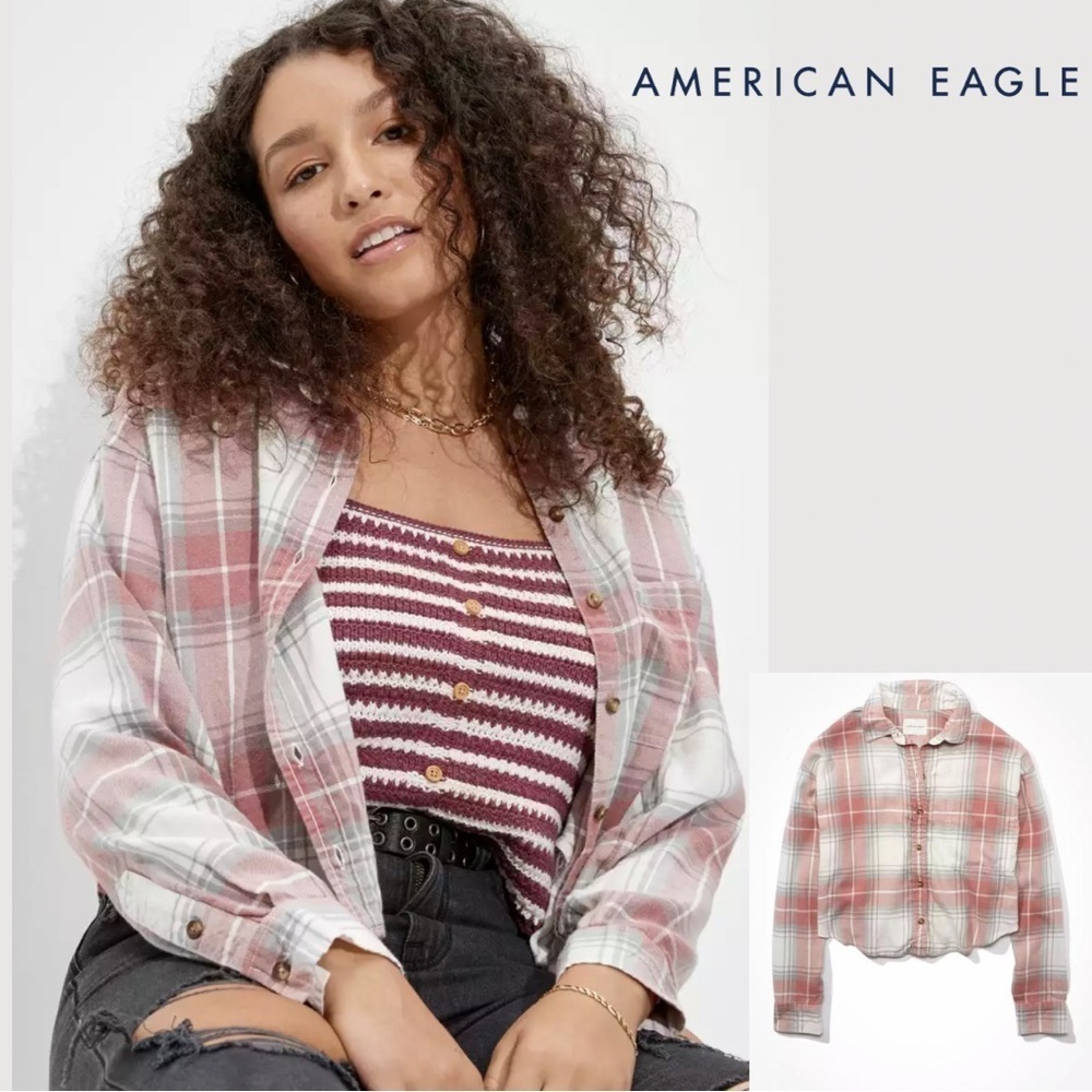 American Eagle Women’s Plaid Cropped Button Up - image 1